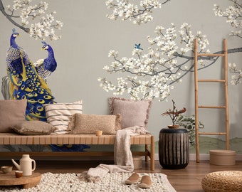 Beautiful Peacock on a White Flower Tree, Chinoiserie Wallpaper, Peacock Wall Mural, Wallpaper Vintage, Chinoiserie Wallpaper Peel and Stick