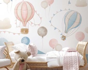Kids Wallpaper Peel and Stick, Watercolor Hot Air Balloon Wallpaper for Baby, Nursery Wall Mural, Removable Baby Mural Self-Adhesive