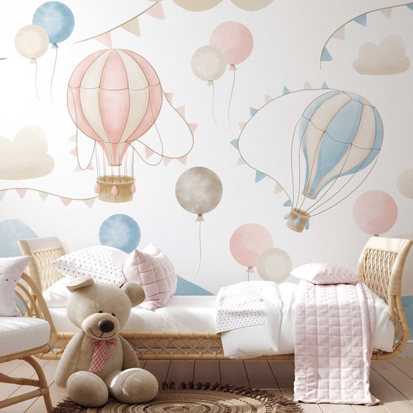 Kids Wallpaper Peel and Stick, Watercolor Hot Air Balloon Wallpaper for Baby, Nursery Wall Mural, Removable Baby Mural Self-Adhesive