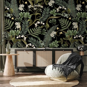 Dark Botanical Peel and Stick Wallpaper: Vintage Leaves Wall Mural - Etsy