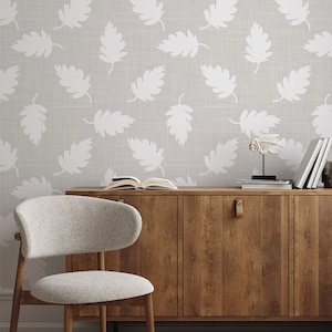 Linen Neutral Wallpaper with Leaves, Natural Linen Grasscloth Style Peel & Stick Wallpaper, Boho Style Leaves Wall Mural, Boho Wall Decor