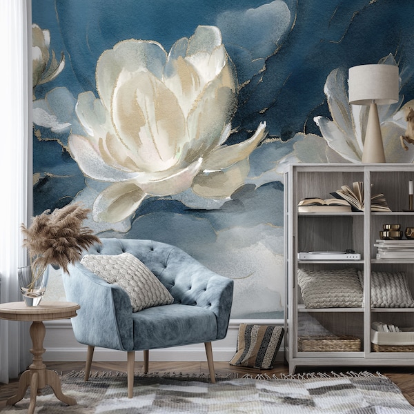 Abstract Watercolor Floral Wallpaper – White Lotus Navy Blue Peel and Stick Wall Mural