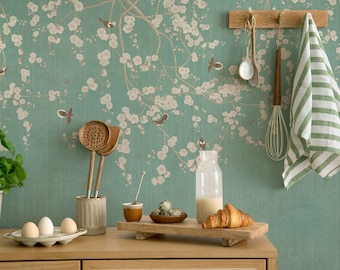 Emerald Chinoiserie Vintage Wallpaper, Wallpaper With Birds and Flowers, Japanese Wallpaper, Retro Wallpaper, Peel and Stick Wall Mural