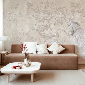 Chinoiserie Wallpaper, Peacocks and Trees Wall Mural, Chinese Birds Peel and Stick, Neutral Soft Colors Wallpaper, Removable Self-Adhesive