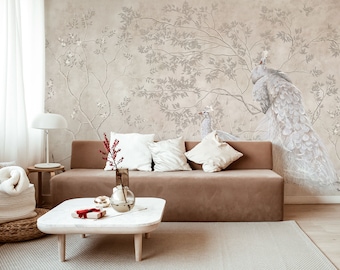 Chinoiserie Wallpaper, Peacocks and Trees Wall Mural, Chinese Birds Peel and Stick, Neutral Soft Colors Wallpaper, Removable Self-Adhesive