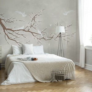 Beige Chinoiserie Wallpaper with Blooming Tree and Birds, Peel and Stick, Neutral Removable Wallpaper, Self Adhesive Mural, Repositionable