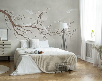 Beige Chinoiserie Wallpaper: Blooming Tree & Birds, Peel and Stick Mural
