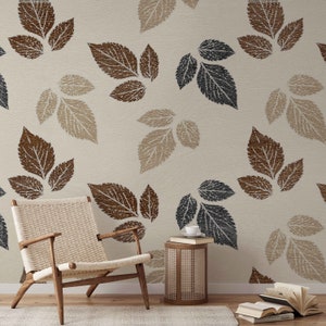 Neutral Tones Leaves Wallpaper, Botanical Boho Wall Mural, Peel & Stick Removable Wallpaper, Minimalistic Leaf Wall Mural, Self Adhesive