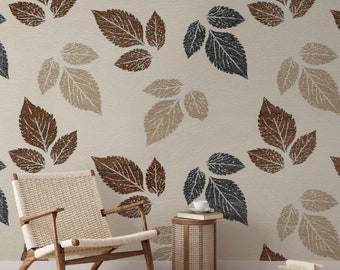 Neutral Tones Leaves Wallpaper, Botanical Boho Wall Mural, Peel & Stick Removable Wallpaper, Minimalistic Leaf Wall Mural, Self Adhesive