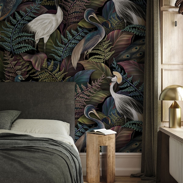 Dark Tropical Leaves Wallpaper, Crane, Peacock, Heron, Colorful Fern Leaves Wall Mural, Self Adhesive, Peel and Stick, Removable Wallpaper