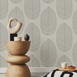 Neutral Stripy Leaf Wallpaper, Neutral Minimalist Botanical Removable Wallpaper, Hand Drawn Leaves Wallpaper, Peel and Stick, Self Adhesive