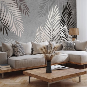 Tropical Palm Leaves Wallpaper, Gray Palm Wallpaper, Exotic Gray Leaves, Self Adhesive, Grunge Background Wall Decor, Peel and Stick Mural