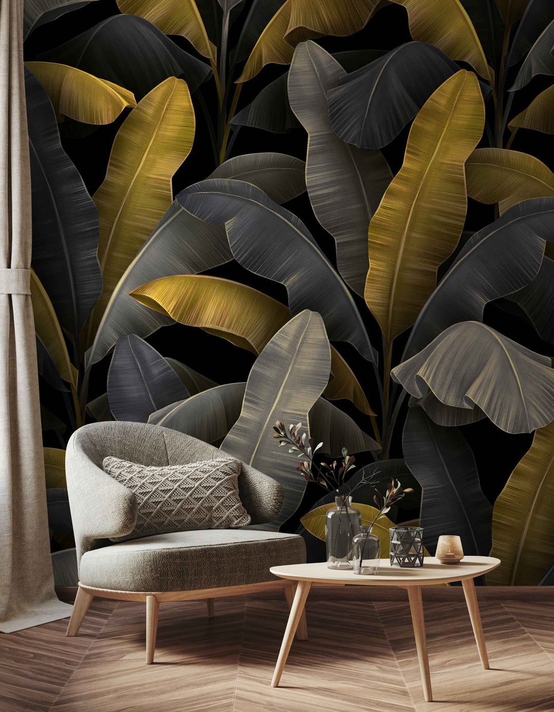 Dark Tropical Leaf Wallpaper – Peel and Stick Removable Wall Mural - Etsy