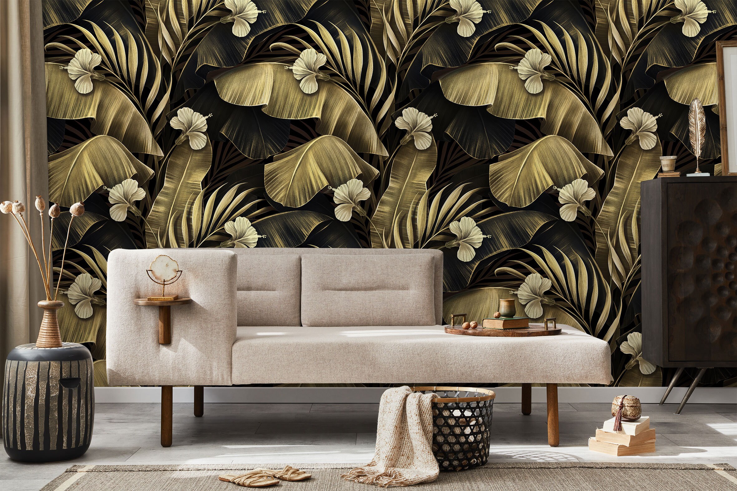 Gold Banana Leaves Wallpaper: Peel and Stick Tropical Wall Mural - Etsy