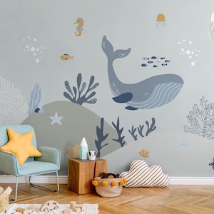 Nursery Underwater Wallpaper, Sea Life Cute Whale Wall Mural, Child Room Wall Decor, Kids Peel and Stick, Kids Room Self Adhesive, Removable