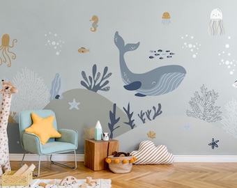 Sea Life Whale Nursery Wallpaper, Peel and Stick Wall Mural