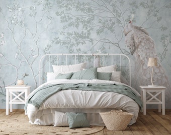 Chinoiserie Peacock Wallpaper: Blue Floral Peel and Stick Wall Mural