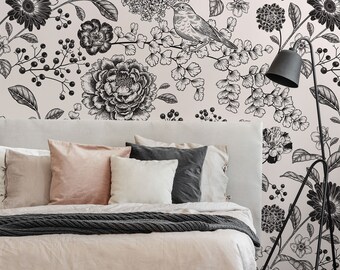 Floral Bird Drawing Wallpaper: Garden Flowers Peel and Stick Wall Mural