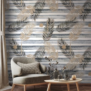 Abstract Golden Leaf Foliage Modern Wallpaper, Hand Painting Geometrical Wall Mural, Removable Wallpaper, Peel and Stick,Self Adhesive Mural