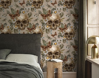 Gothic Skull Wallpaper: Vintage Floral Butterfly Peel & Stick Wall Mural