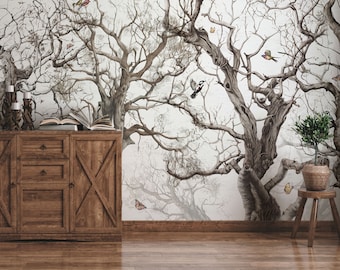 Autumn Forest and Birds Wallpaper, Earth Tones Wall Mural, Removable wallpaper, Self Adhesive, Peel and Stick, Farmhouse Wall Decor