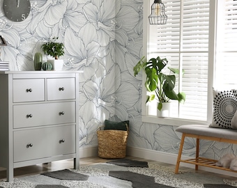 Amaryllis Flower Wallpaper: Hand Drawn Floral Line Art, Peel and Stick