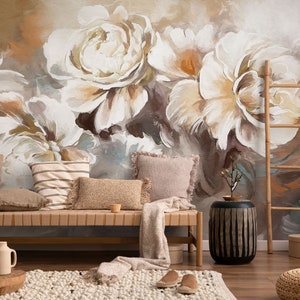 May include: A living room interior design with a wooden bench, pillows, a ladder, a side table, and a rug. The wall is decorated with a large abstract floral mural in shades of brown, white, and beige.