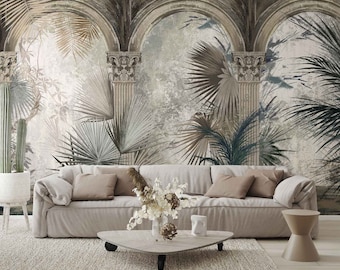 Vintage Antique Historical Arch Columns Wallpaper, Exotic Plants and Leaves Wall Mural, Peel and Stick Mural, Easy Removable Wall Mural