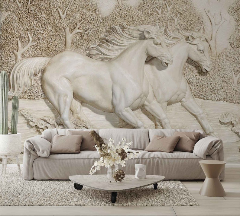 3D Embossed Horses Wallpaper Peel and Stick Running Horses Etsy