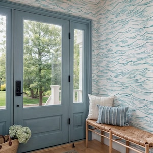 Blue Waves Wallpaper, Coastal Wave Wallpaper, Peel and Stick or Traditional, Surf Wall Decor, Removable Wall Art, Sea, Ocean Mural
