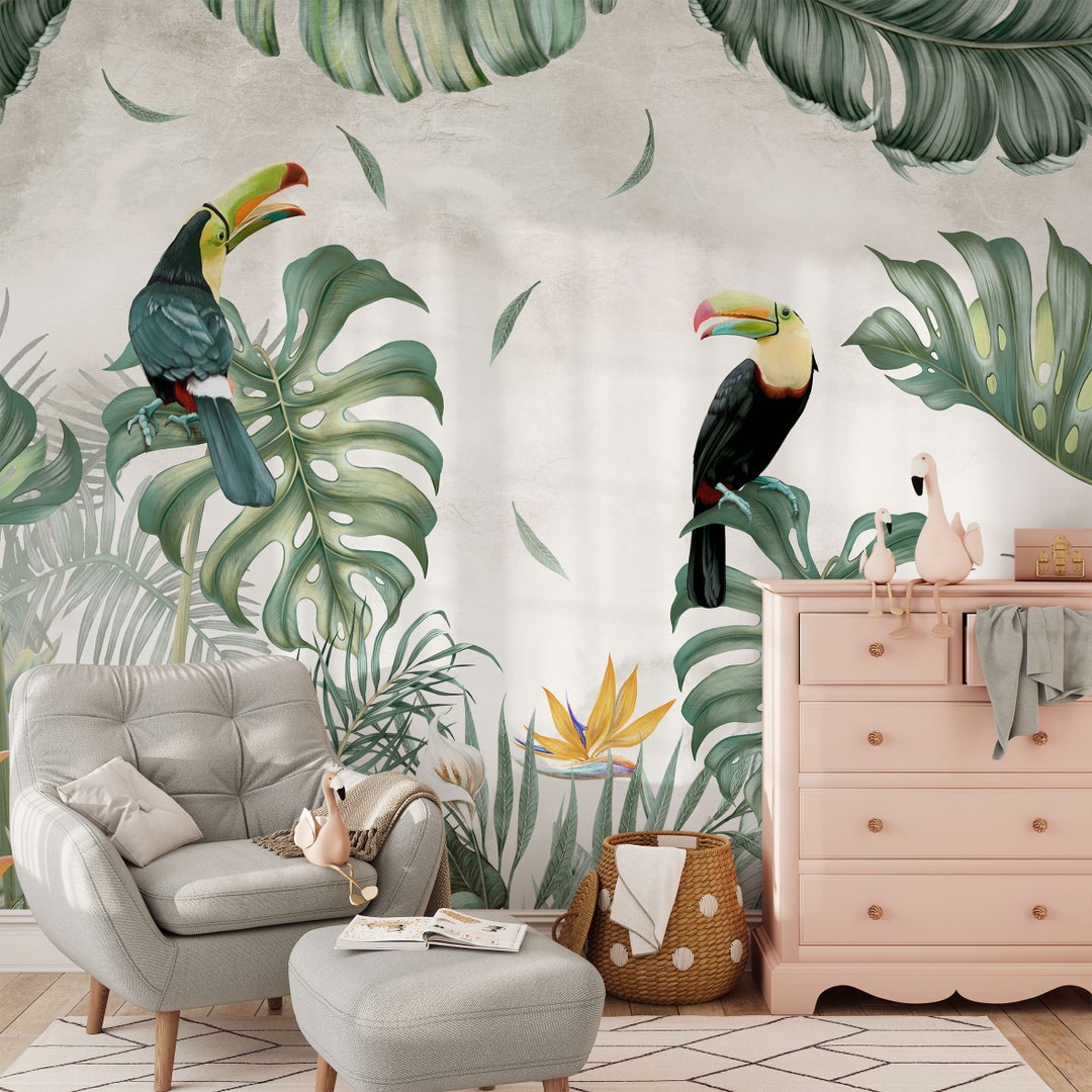 Tropical Wallpaper Print, Tropical Birds and Plants Wall Mural, Toucans ...