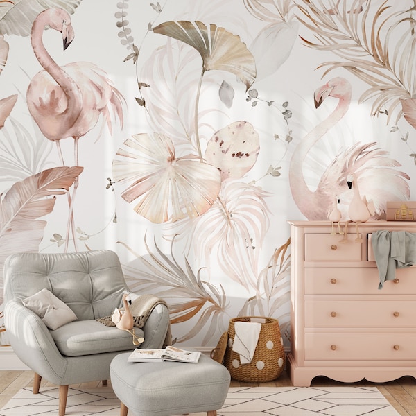 Watercolor Pink Flamingo with Tropical Leaves Wallpaper, Pink Nursery Peel and Stick, Bohemian Tropical Kids Mural, Removable Self-Adhesive