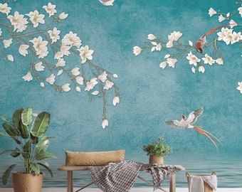 Chinoiserie Wallpaper Peel and Stick, Chinese Birds with White Blossom Wall Mural, Floral Removable Wall Mural, Self Adhesive Wallpaper