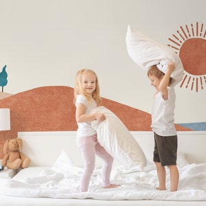 Boho Mountain Kids Wallpaper, Peel and Stick, Sun and Mountainscape Wall Mural, Soft Mountain Landscape Nursery Wall Mural, Self Adhesive