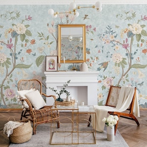 Chinoiserie Wallpaper, Multicolor Boho Floral Wall Mural, Peel and Stick or Traditional, Flowering Trees Removable Self Adhesive Wallpaper