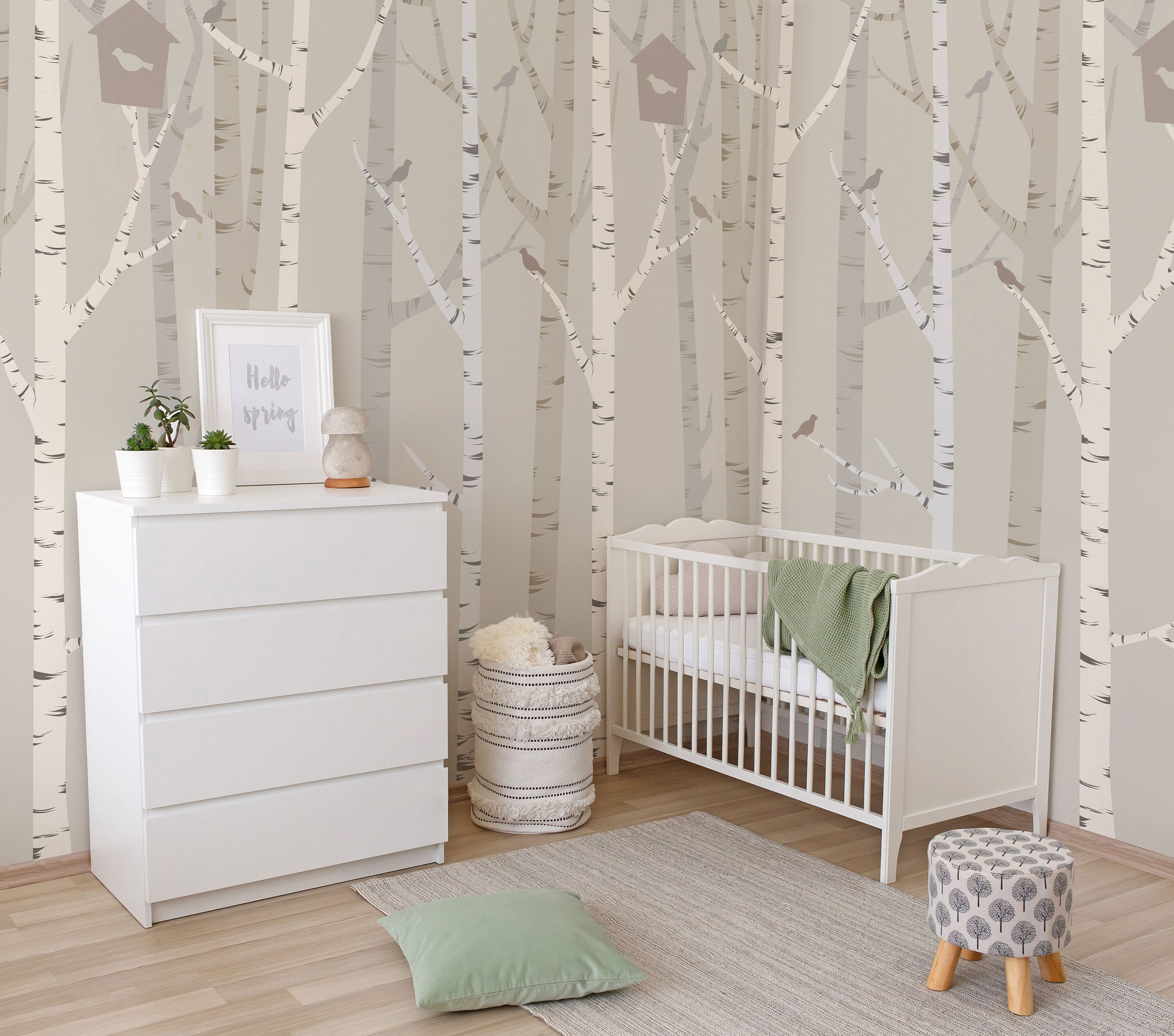 Boho Kids Wallpaper: Trees, Birds, Birdhouse - Removable Peel and Stick ...