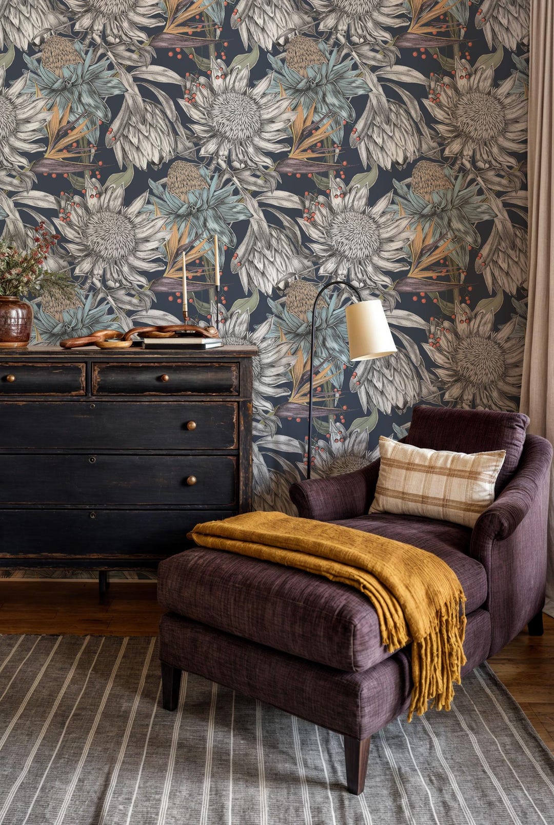Dark Floral Peel and Stick Wallpaper: Tropical Botanical Mural - Etsy