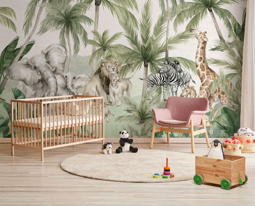 Watercolor Jungle Animals Wallpaper: Peel and Stick Nursery Mural - Etsy
