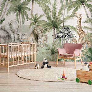 Watercolor Kids Forest Wallpaper, Safari Wallpaper, Tropical Forest Wallpaper, Peel and Stick Nursery Cute Animals Jungle Wall Mural