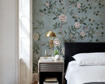 Chinoiserie Floral Peel and Stick Wallpaper: Watercolor Birds Mural