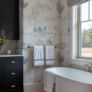 Blue Toile Countryside Wallpaper, Peel and Stick, Vintage French Decor,Customizable Self Adhesive Wallpaper,Rustic Farmhouse Removable Mural