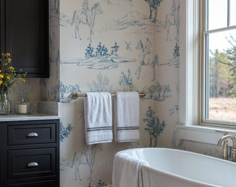 Blue Toile Peel and Stick Wallpaper: Vintage French Countryside Decor