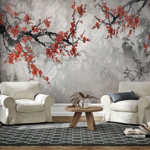 Branches with Sakura Flowers Wall Mural, Watercolor Japanese Wallpaper, Vintage Asian Style Wallpaper, Peel and Stick, Self Adhesive Mural