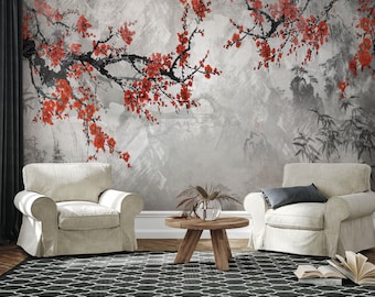 Branches with Sakura Flowers Wall Mural, Watercolor Japanese Wallpaper, Vintage Asian Style Wallpaper, Peel and Stick, Self Adhesive Mural