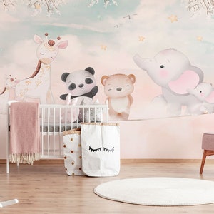 Watercolor Cute Animals Wallpaper, Acrobat Animals Wall Mural, Nursery Cute Animals Wallpaper, Peel and Stick, Removable Wall Mural