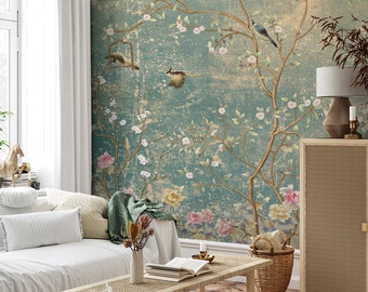 Chinoiserie Wallpaper Peel and Stick, Vintage Background Birds and Blossom Trees Floral Wallpaper, Grunge Background Removable Self-Adhesive