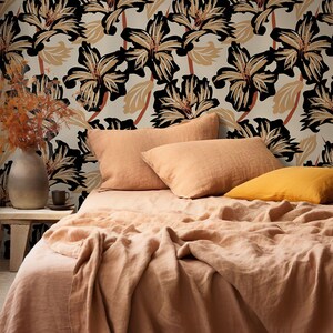 Boho Large Floral Wallpaper, Hand Drawn Floral Design, Retro Floral Wall Mural, Peel and Stick, Removable Self Adhesive Wallpaper