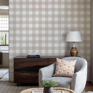 Neutral Beige Gingham Wallpaper, Peel and Stick, Gingham Plaid Design Mural, Minimal Simple Check Removable Wallpaper, Self Adhesive