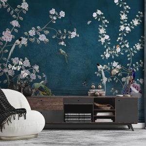 Navy Blue Chinoiserie Wallpaper, Peacock with Peony Flowers Wall Mural, Wallpaper With Birds and Flowers, Peel and Stick,Removable Wallpaper
