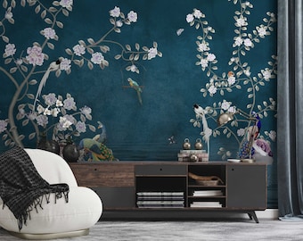 Navy Blue Chinoiserie Wallpaper, Peacock with Peony Flowers Wall Mural, Wallpaper With Birds and Flowers, Peel and Stick,Removable Wallpaper